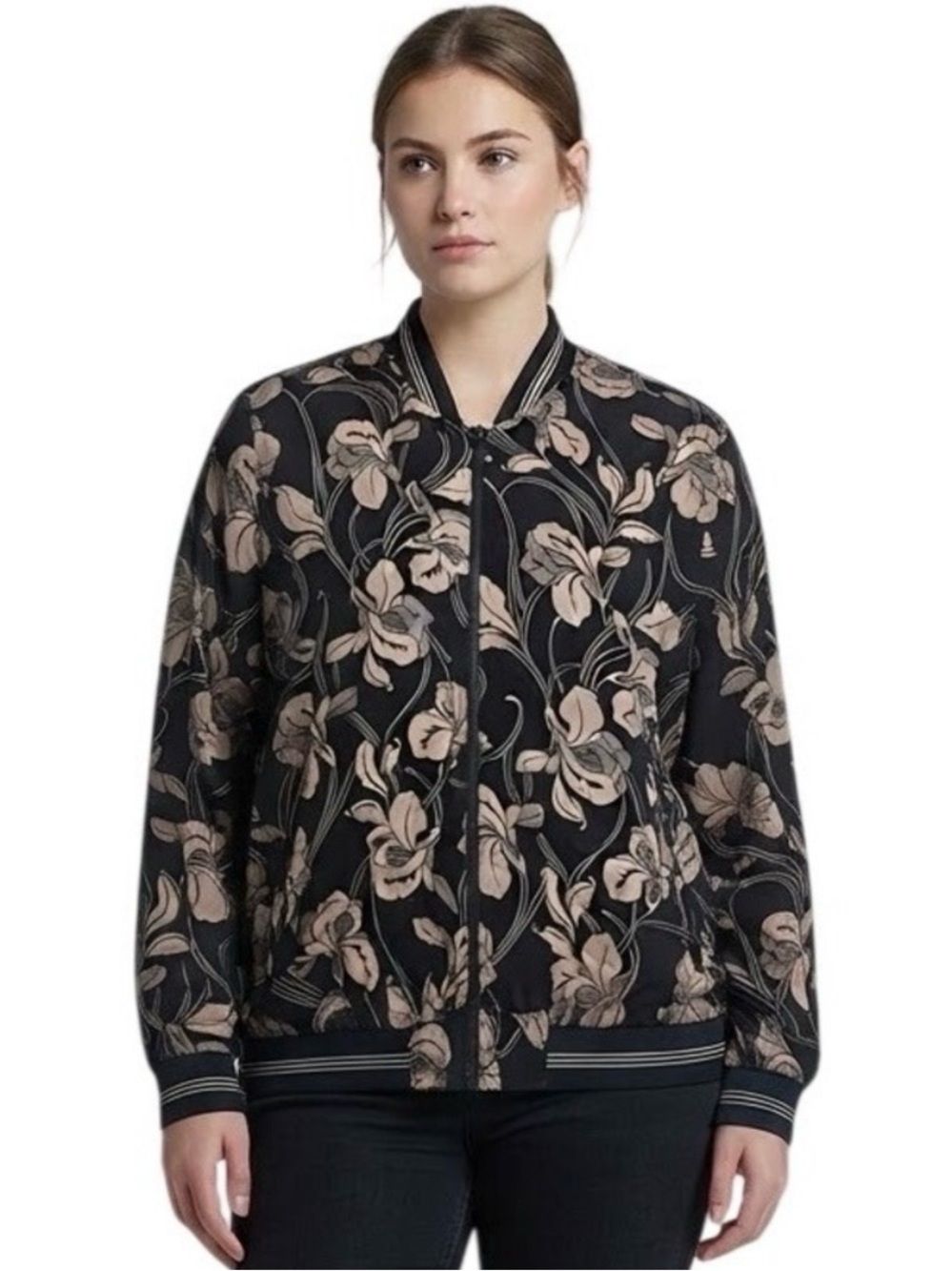 Porter & Ash Bomber Jacket Black Tan Floral Fall Transitional Layer Indie Large